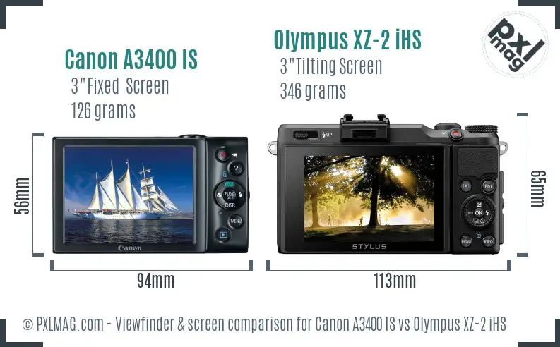 Canon A3400 IS vs Olympus XZ-2 iHS Screen and Viewfinder comparison