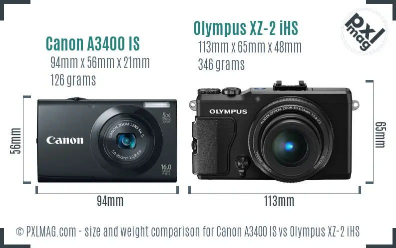 Canon A3400 IS vs Olympus XZ-2 iHS size comparison