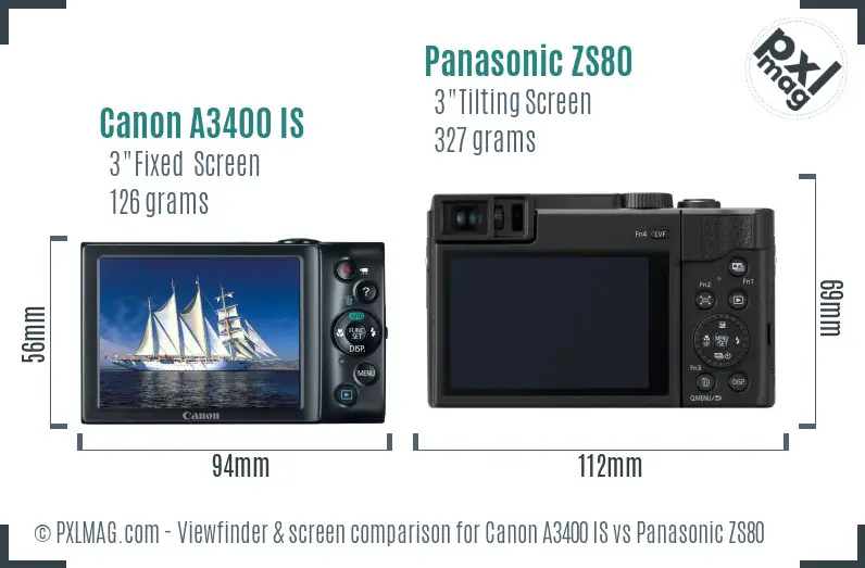 Canon A3400 IS vs Panasonic ZS80 Screen and Viewfinder comparison Canon A3400 IS vs Panasonic ZS80 Screen and Viewfinder comparison