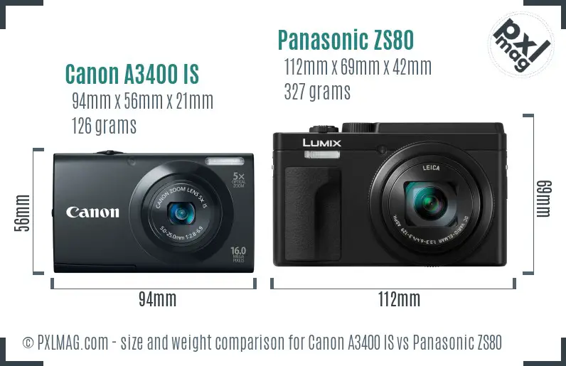 Canon A3400 IS vs Panasonic ZS80 size comparison Canon A3400 IS vs Panasonic ZS80 size comparison