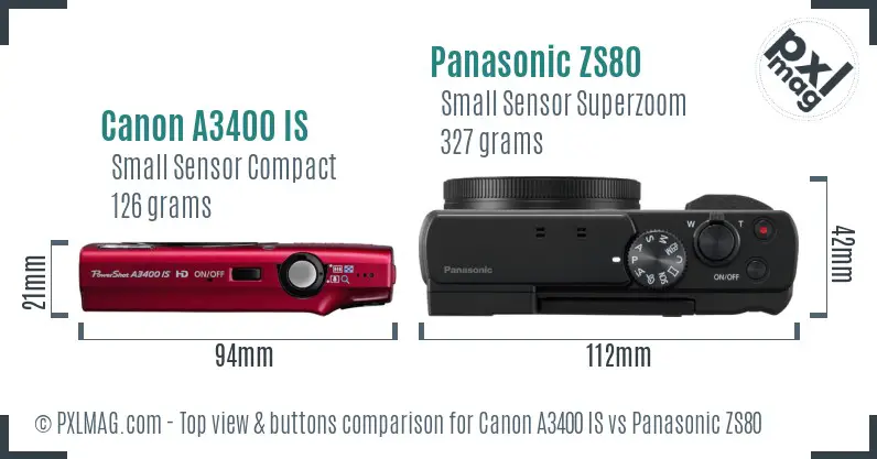 Canon A3400 IS vs Panasonic ZS80 top view buttons comparison Canon A3400 IS vs Panasonic ZS80 top view buttons comparison