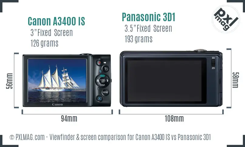 Canon A3400 IS vs Panasonic 3D1 Screen and Viewfinder comparison