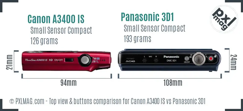 Canon A3400 IS vs Panasonic 3D1 top view buttons comparison