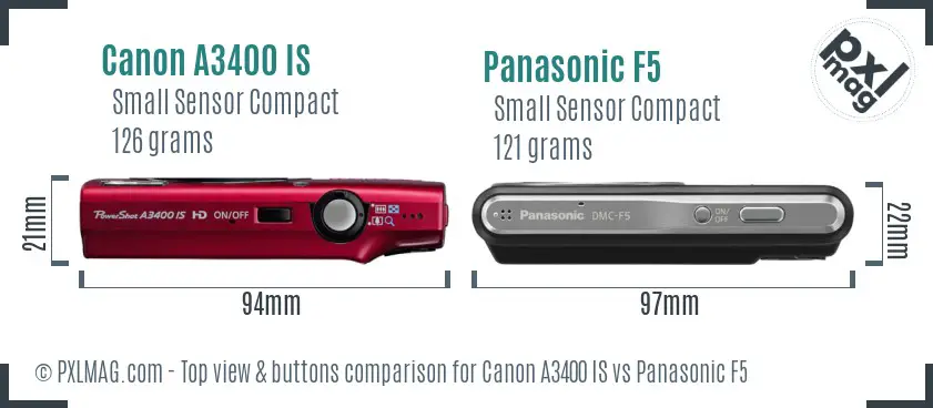 Canon A3400 IS vs Panasonic F5 top view buttons comparison Canon A3400 IS vs Panasonic F5 top view buttons comparison