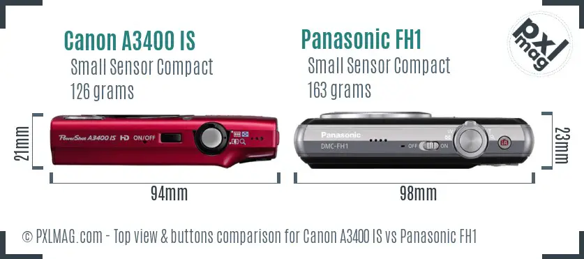 Canon A3400 IS vs Panasonic FH1 top view buttons comparison Canon A3400 IS vs Panasonic FH1 top view buttons comparison