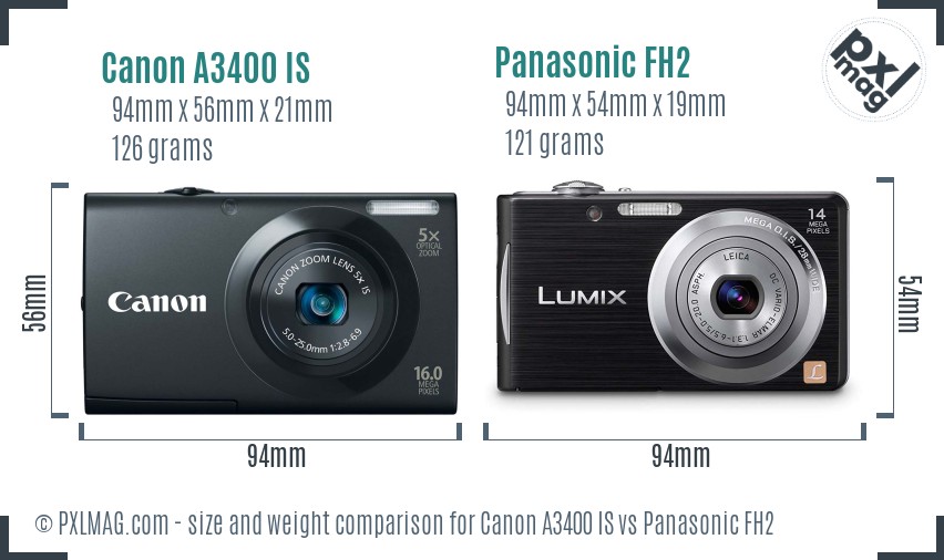 Canon A3400 IS vs Panasonic FH2 size comparison Canon A3400 IS vs Panasonic FH2 size comparison