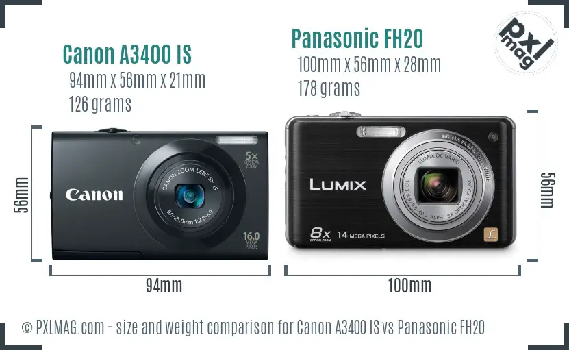 Canon A3400 IS vs Panasonic FH20 size comparison