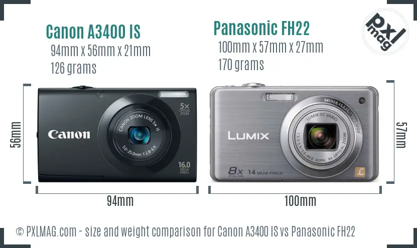 Canon A3400 IS vs Panasonic FH22 size comparison