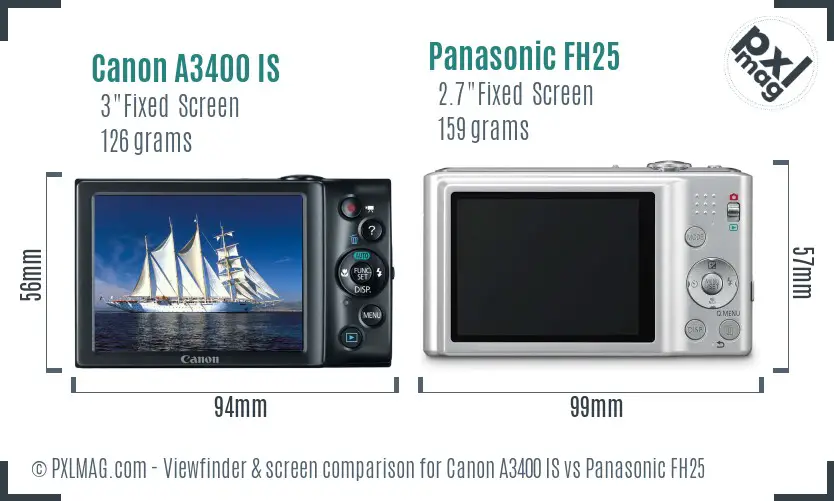 Canon A3400 IS vs Panasonic FH25 Screen and Viewfinder comparison