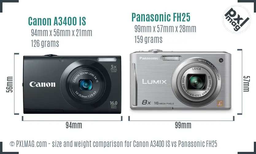 Canon A3400 IS vs Panasonic FH25 size comparison