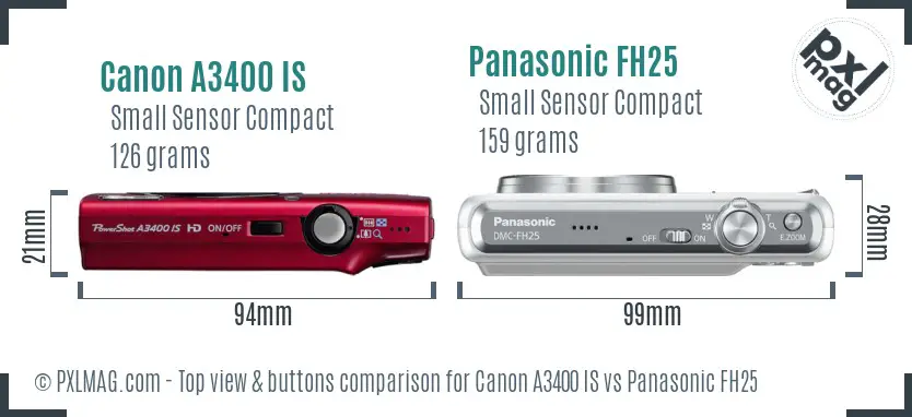 Canon A3400 IS vs Panasonic FH25 top view buttons comparison