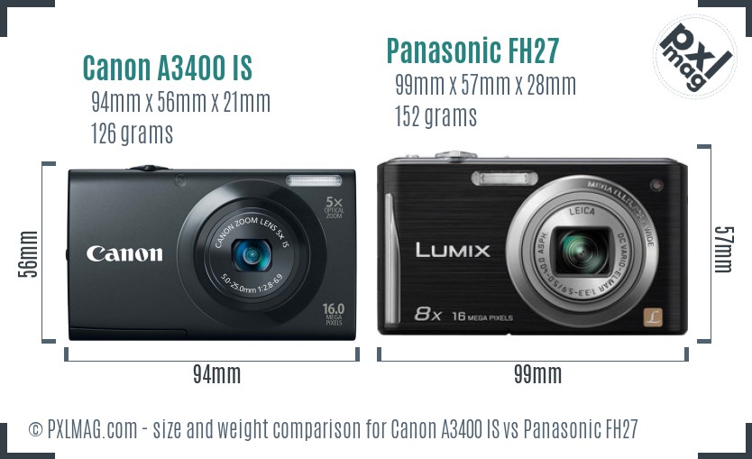 Canon A3400 IS vs Panasonic FH27 size comparison Canon A3400 IS vs Panasonic FH27 size comparison