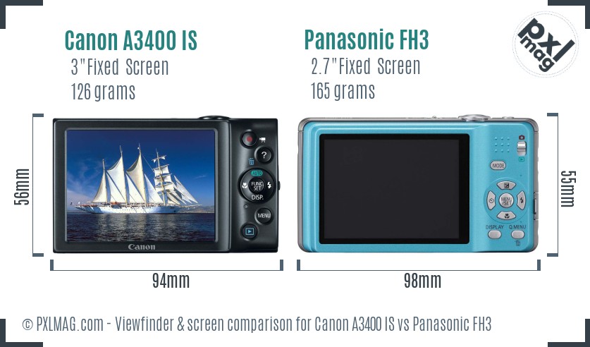 Canon A3400 IS vs Panasonic FH3 Screen and Viewfinder comparison