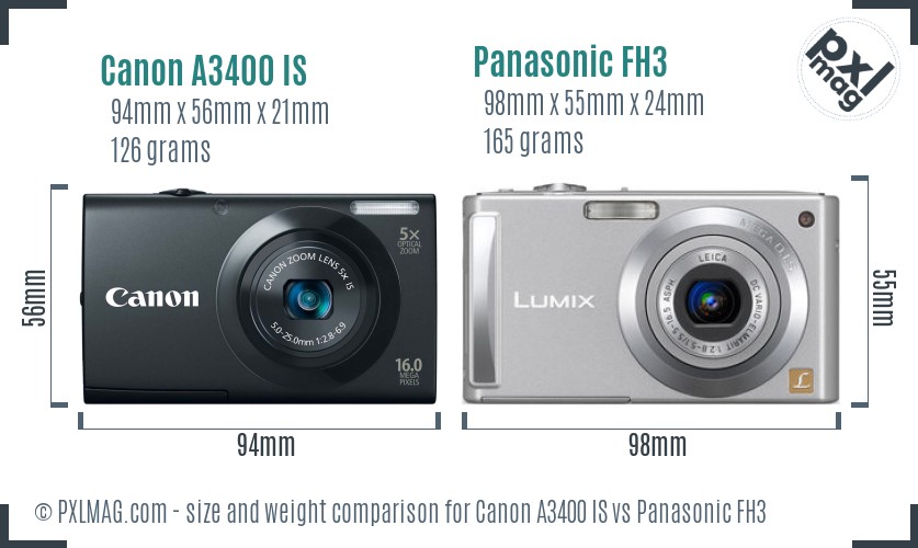 Canon A3400 IS vs Panasonic FH3 size comparison