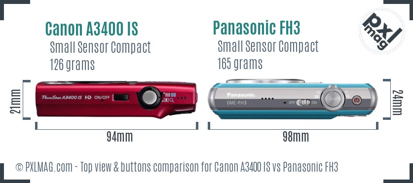 Canon A3400 IS vs Panasonic FH3 top view buttons comparison