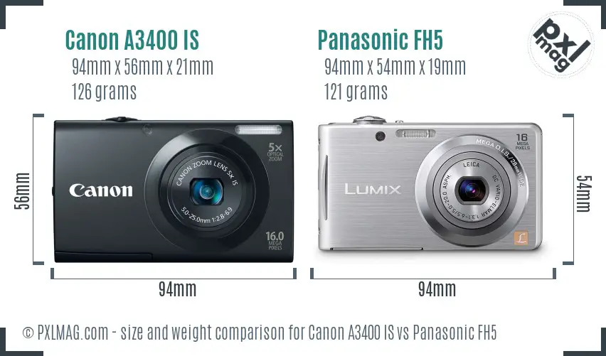 Canon A3400 IS vs Panasonic FH5 size comparison