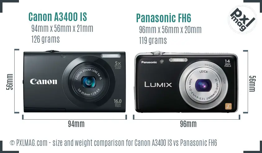 Canon A3400 IS vs Panasonic FH6 size comparison Canon A3400 IS vs Panasonic FH6 size comparison