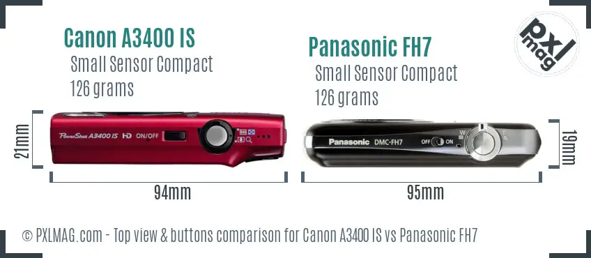 Canon A3400 IS vs Panasonic FH7 top view buttons comparison
