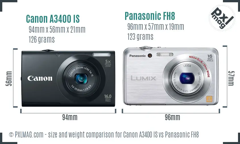 Canon A3400 IS vs Panasonic FH8 size comparison Canon A3400 IS vs Panasonic FH8 size comparison
