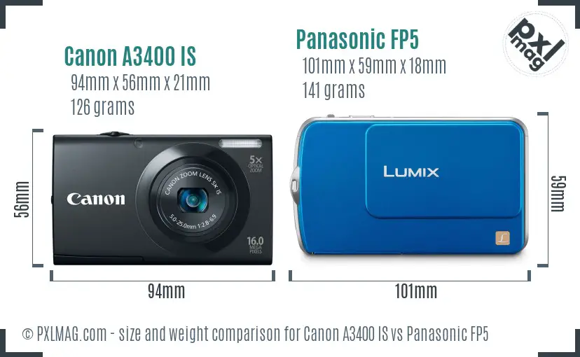 Canon A3400 IS vs Panasonic FP5 size comparison