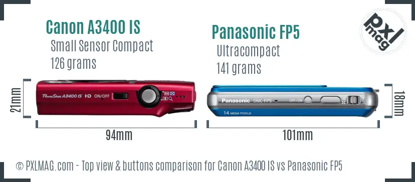 Canon A3400 IS vs Panasonic FP5 top view buttons comparison