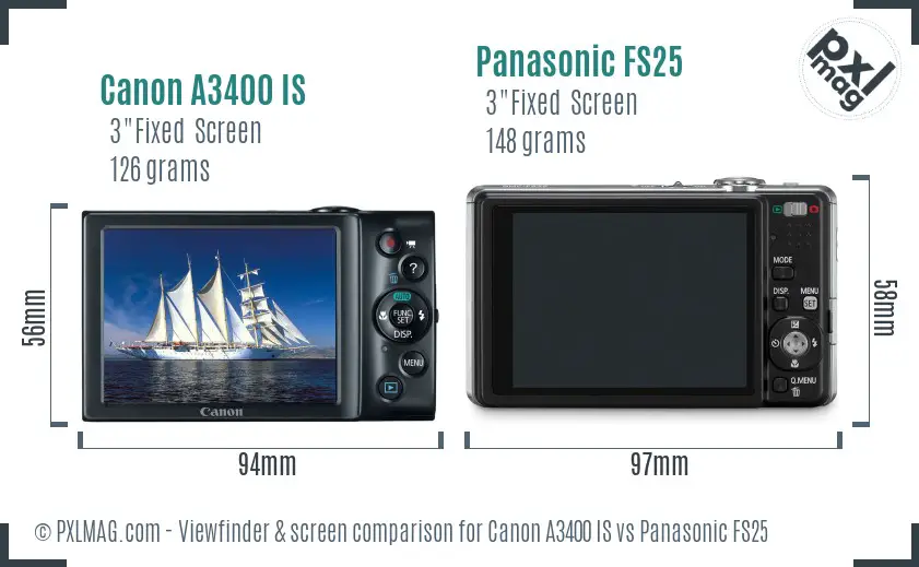 Canon A3400 IS vs Panasonic FS25 Screen and Viewfinder comparison