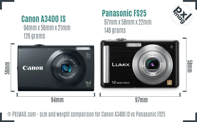 Canon A3400 IS vs Panasonic FS25 size comparison Canon A3400 IS vs Panasonic FS25 size comparison