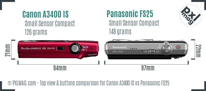 Canon A3400 IS vs Panasonic FS25 top view buttons comparison