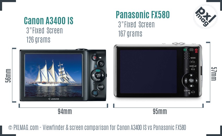 Canon A3400 IS vs Panasonic FX580 Screen and Viewfinder comparison