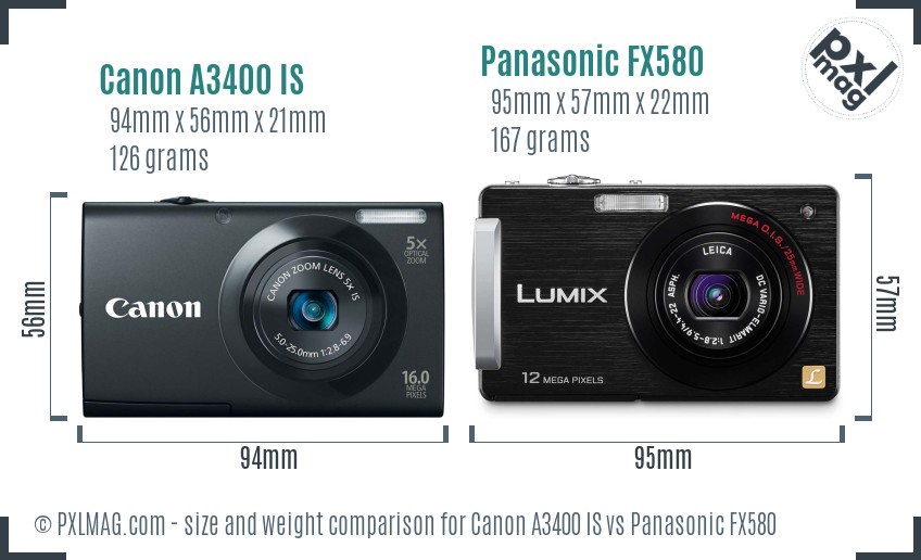 Canon A3400 IS vs Panasonic FX580 size comparison