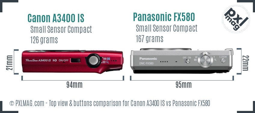 Canon A3400 IS vs Panasonic FX580 top view buttons comparison