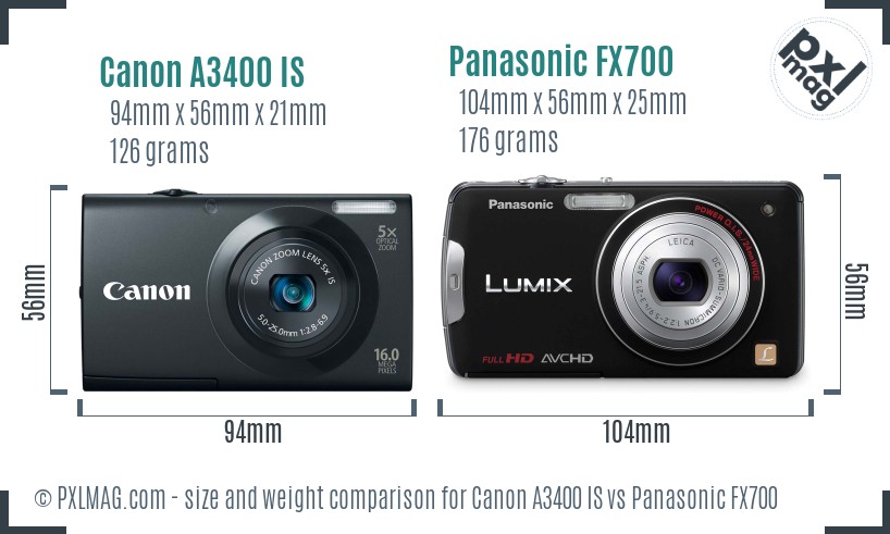Canon A3400 IS vs Panasonic FX700 size comparison