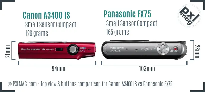 Canon A3400 IS vs Panasonic FX75 top view buttons comparison