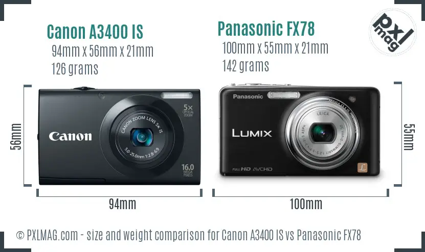 Canon A3400 IS vs Panasonic FX78 size comparison Canon A3400 IS vs Panasonic FX78 size comparison