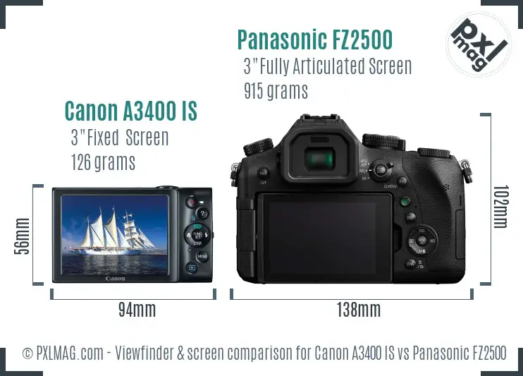 Canon A3400 IS vs Panasonic FZ2500 Screen and Viewfinder comparison
