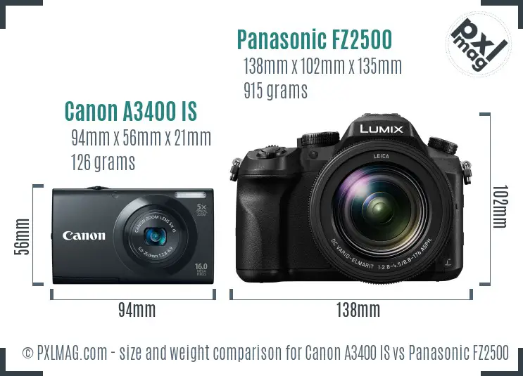 Canon A3400 IS vs Panasonic FZ2500 size comparison
