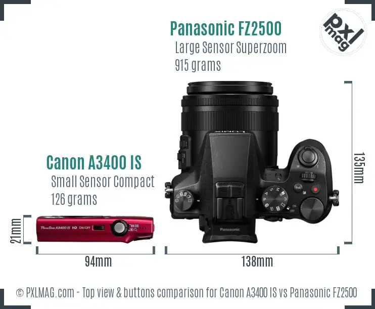 Canon A3400 IS vs Panasonic FZ2500 top view buttons comparison