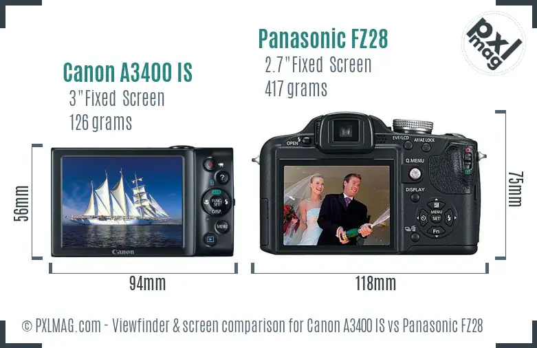 Canon A3400 IS vs Panasonic FZ28 Screen and Viewfinder comparison Canon A3400 IS vs Panasonic FZ28 Screen and Viewfinder comparison