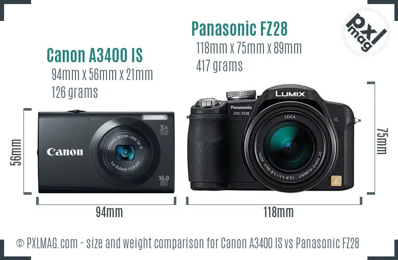 Canon A3400 IS vs Panasonic FZ28 size comparison Canon A3400 IS vs Panasonic FZ28 size comparison