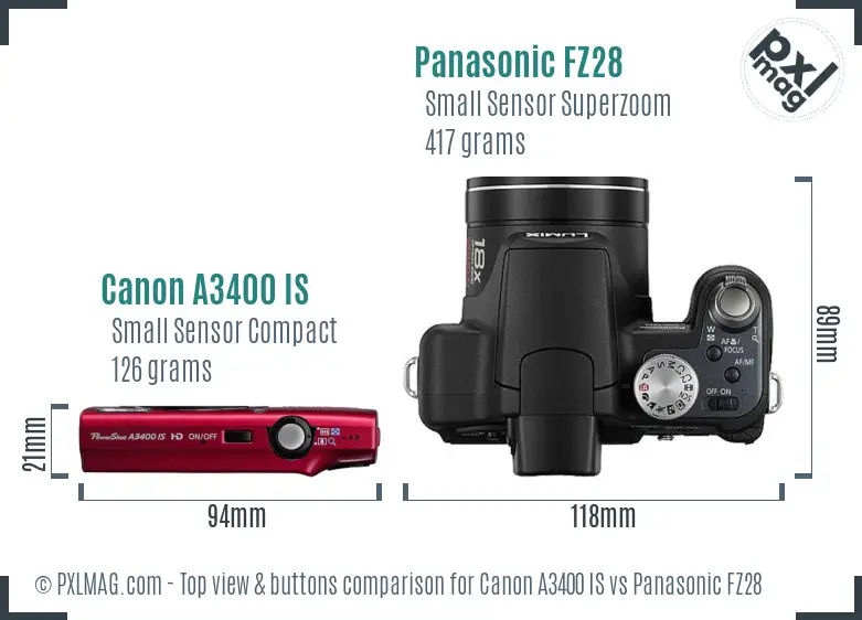 Canon A3400 IS vs Panasonic FZ28 top view buttons comparison Canon A3400 IS vs Panasonic FZ28 top view buttons comparison