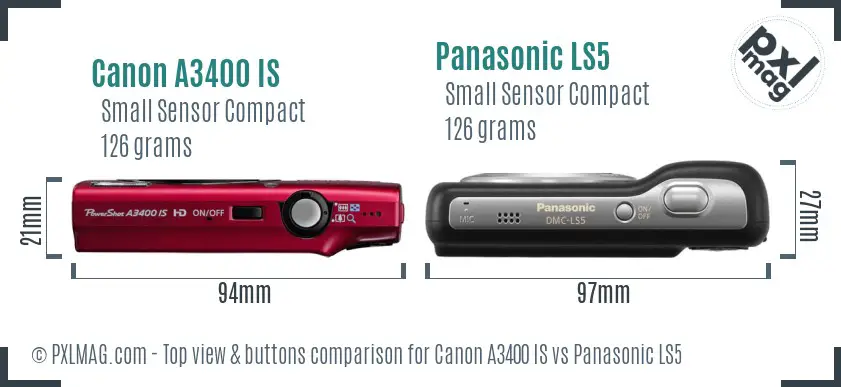 Canon A3400 IS vs Panasonic LS5 top view buttons comparison Canon A3400 IS vs Panasonic LS5 top view buttons comparison