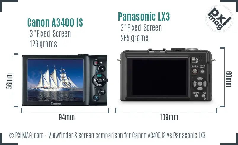 Canon A3400 IS vs Panasonic LX3 Screen and Viewfinder comparison
