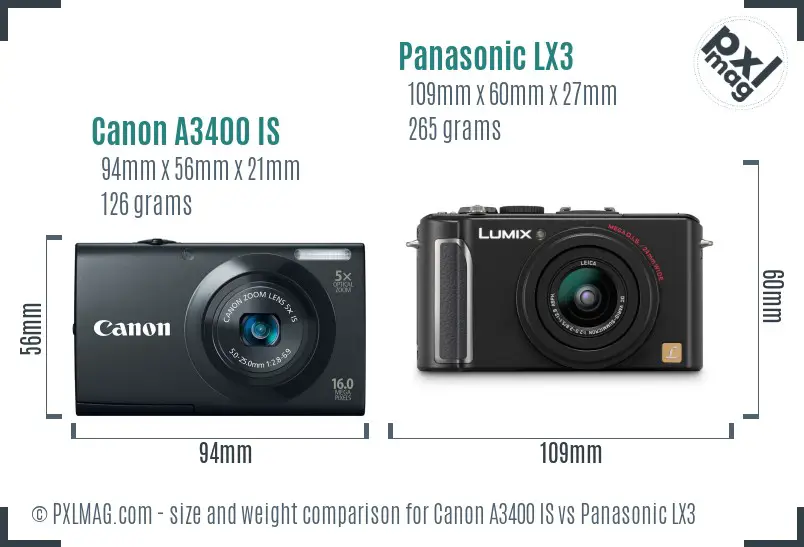 Canon A3400 IS vs Panasonic LX3 size comparison