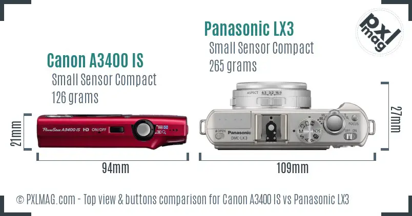 Canon A3400 IS vs Panasonic LX3 top view buttons comparison
