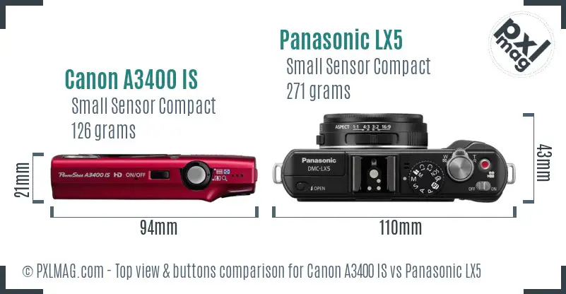 Canon A3400 IS vs Panasonic LX5 top view buttons comparison Canon A3400 IS vs Panasonic LX5 top view buttons comparison