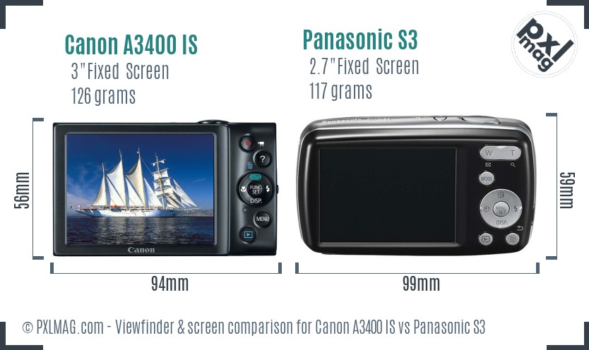 Canon A3400 IS vs Panasonic S3 Screen and Viewfinder comparison