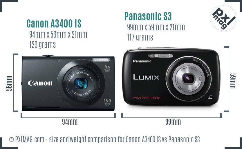 Canon A3400 IS vs Panasonic S3 size comparison Canon A3400 IS vs Panasonic S3 size comparison