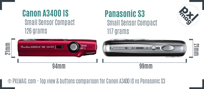 Canon A3400 IS vs Panasonic S3 top view buttons comparison