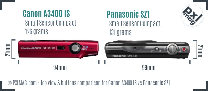 Canon A3400 IS vs Panasonic SZ1 top view buttons comparison