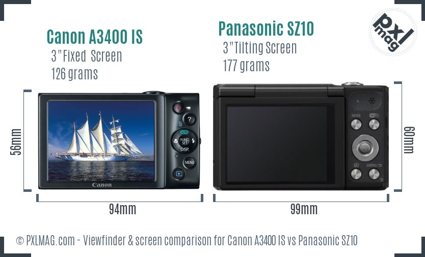Canon A3400 IS vs Panasonic SZ10 Screen and Viewfinder comparison